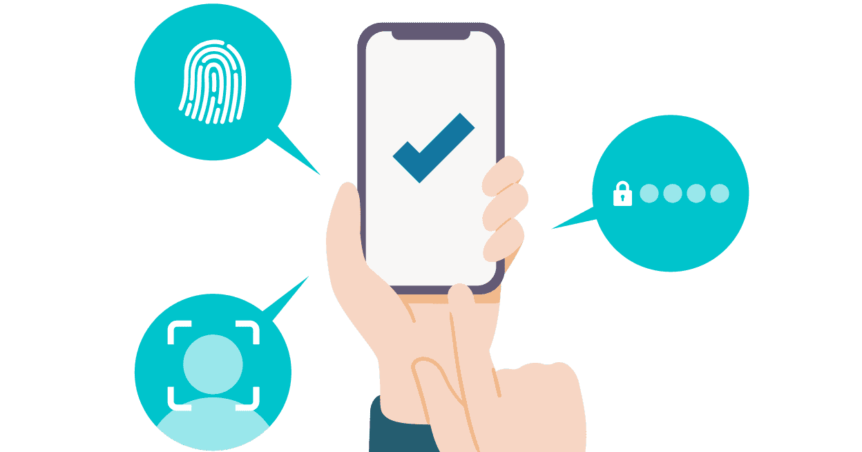 SmartHRのスマホアプリで、指紋認証、顔認証、パスコードなどを利用しているイラスト。