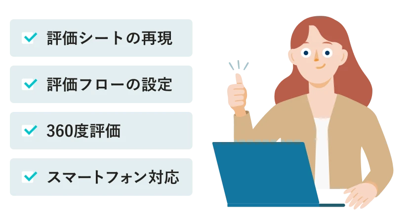 「人事評価」機能でできることの例。評価シートの再現、評価フローの設定、360度評価、スマートフォン対応。