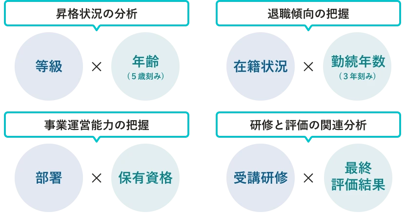 さまざまな分析軸の例。等級✕年齢(5歳刻み)で昇格状況の分析、在籍状況✕勤続年数(3年刻み)で退職傾向の把握、部署✕保有資格で事業運営能力の把握、受講研修✕最終評価結果で研修と評価の関連分析などが可能。