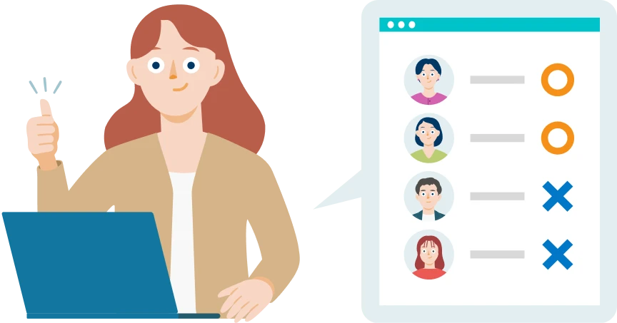 管理者が、従業員の勤怠状況リストを確認し、一括で承認や修正依頼を行っているイラスト。