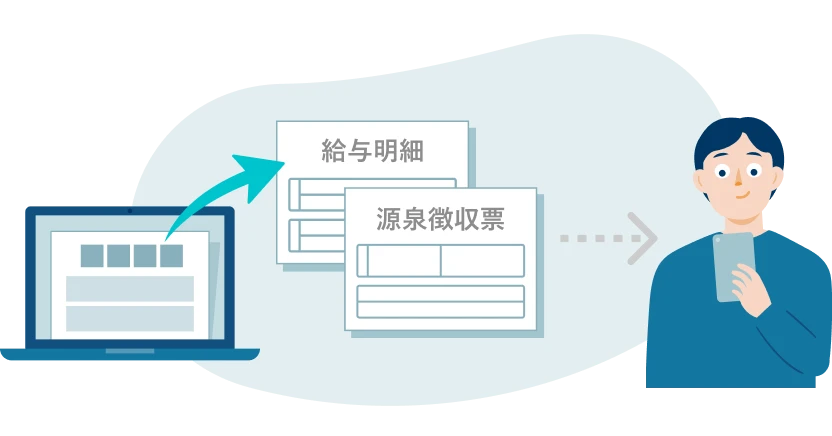 「給与計算」機能で給与明細や源泉徴収票を作成し、従業員に配付している様子。
