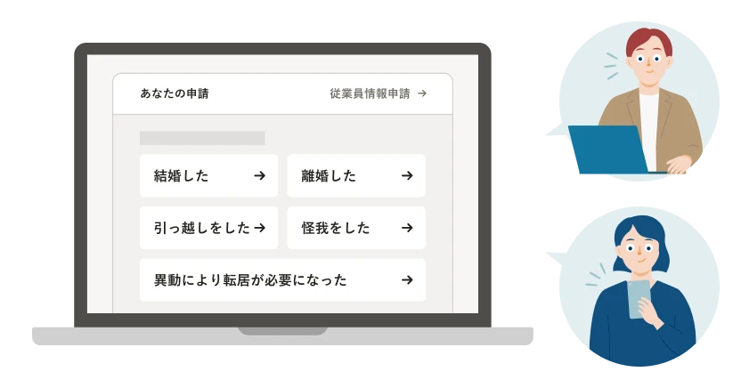 「申請ナビゲーション」機能を利用している様子。画面に「結婚した」「離婚した」「引っ越しをした」「怪我をした」「異動により転居が必要になった」など、イベントごとの申請ボタンが掲載されている。